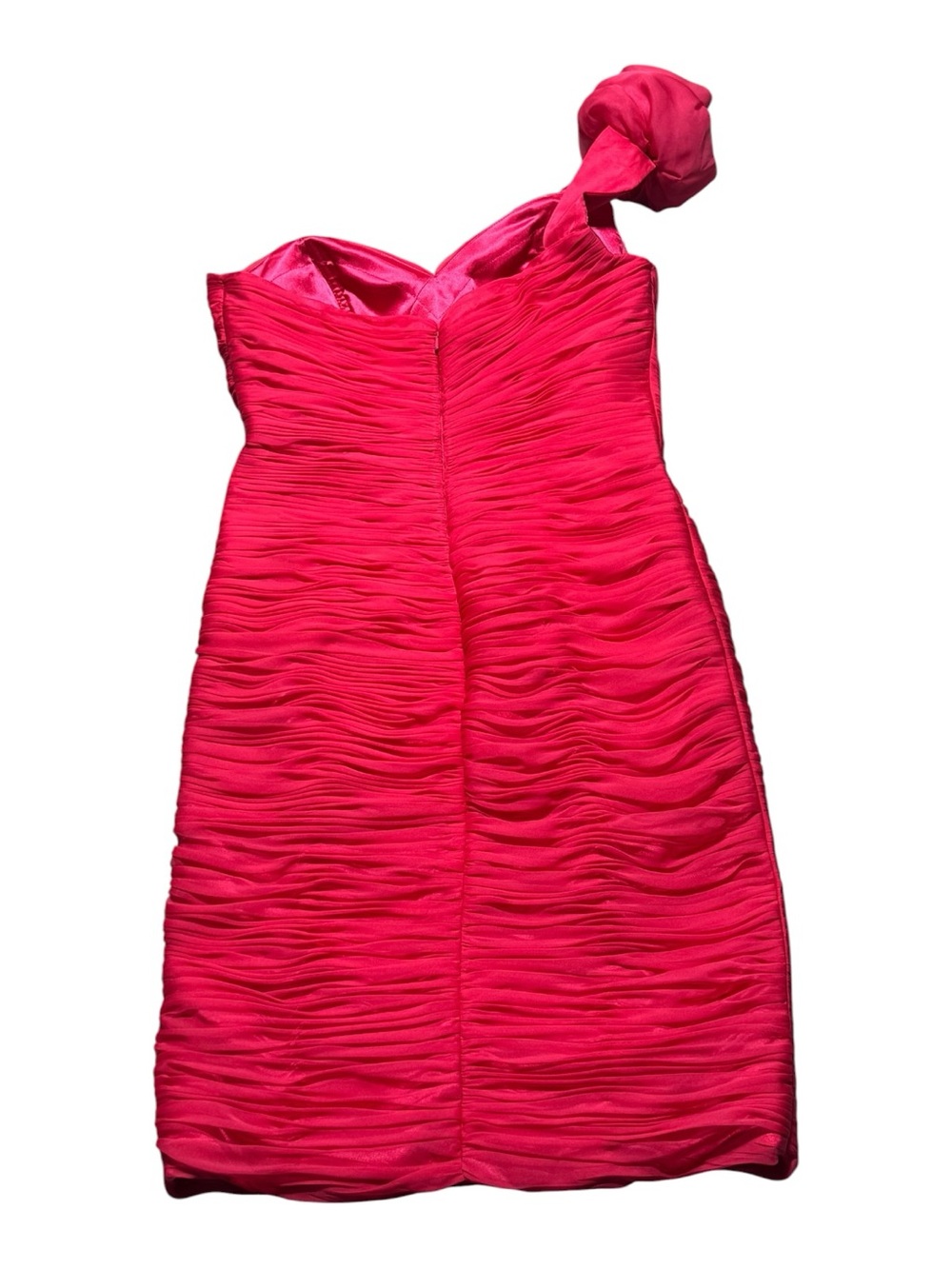 JANIQUE One-Shoulder Hot Pink Ruched Cocktail Dress 4 with Floral Applique - Picture 4 of 10